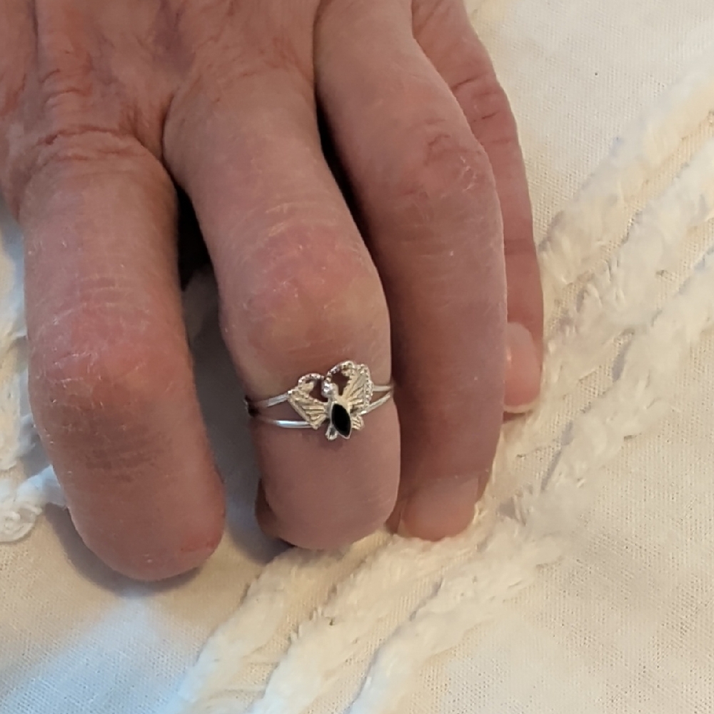 Silver Angel Wing Ring with Black Stone